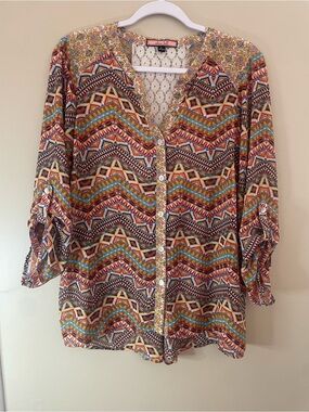 Olive Hill Boho Prairie Semi Sheer Button Front Blouse Lace Back Detail Size L